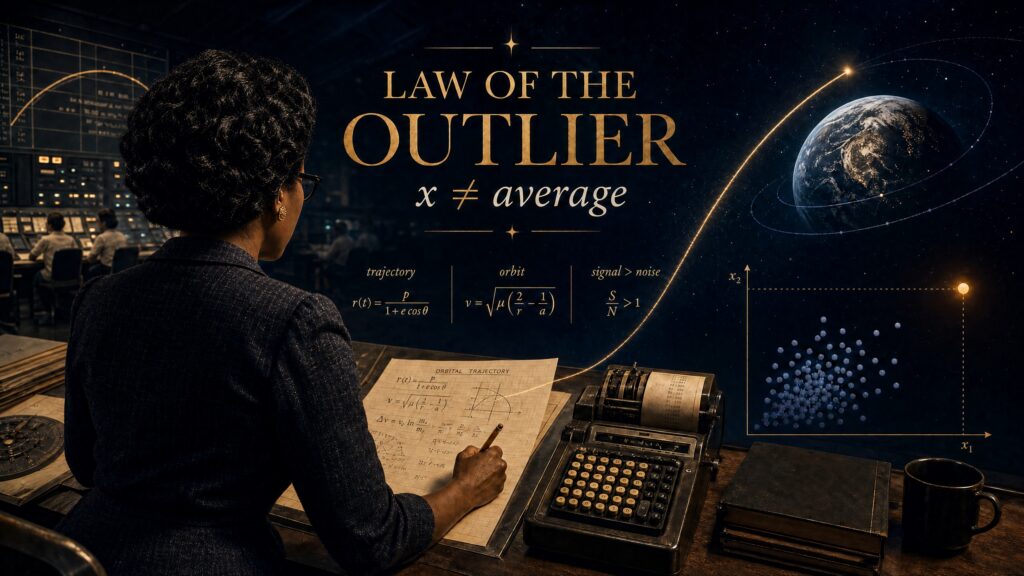 Cinematic editorial image illustrating Katherine Johnson, orbital math, and the Law of the Outlier equation x not equal average.